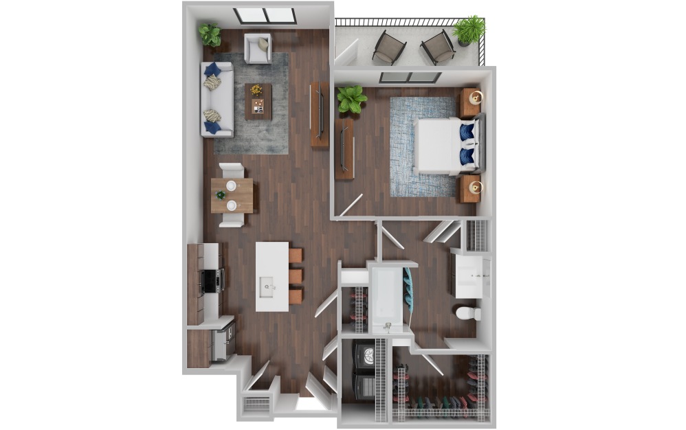 A1A - 1 bedroom floorplan layout with 1 bathroom and 652 square feet