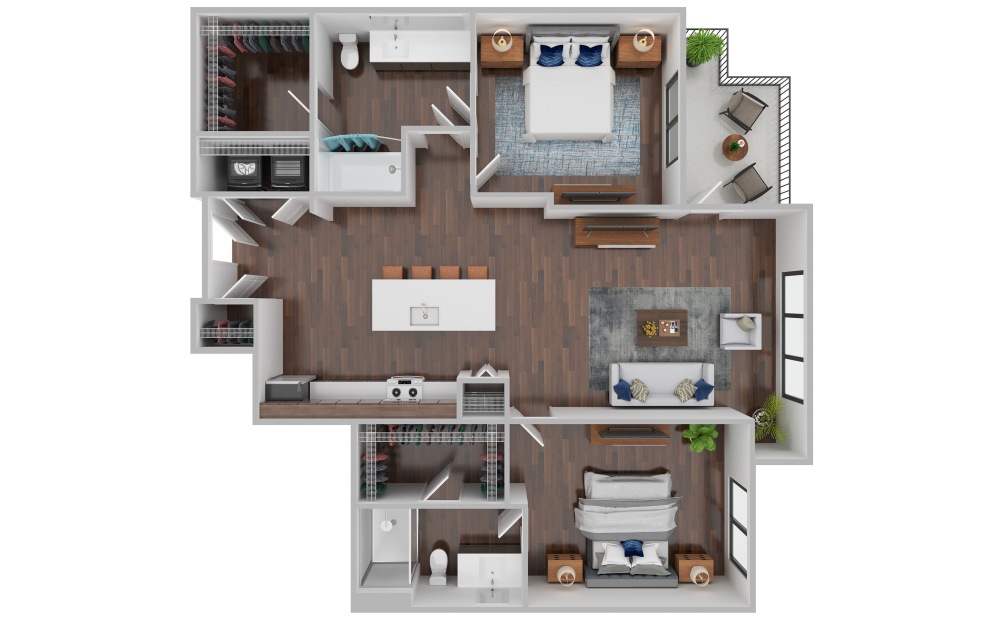 B2A - 2 bedroom floorplan layout with 2 bathrooms and 991 - 1047 square feet