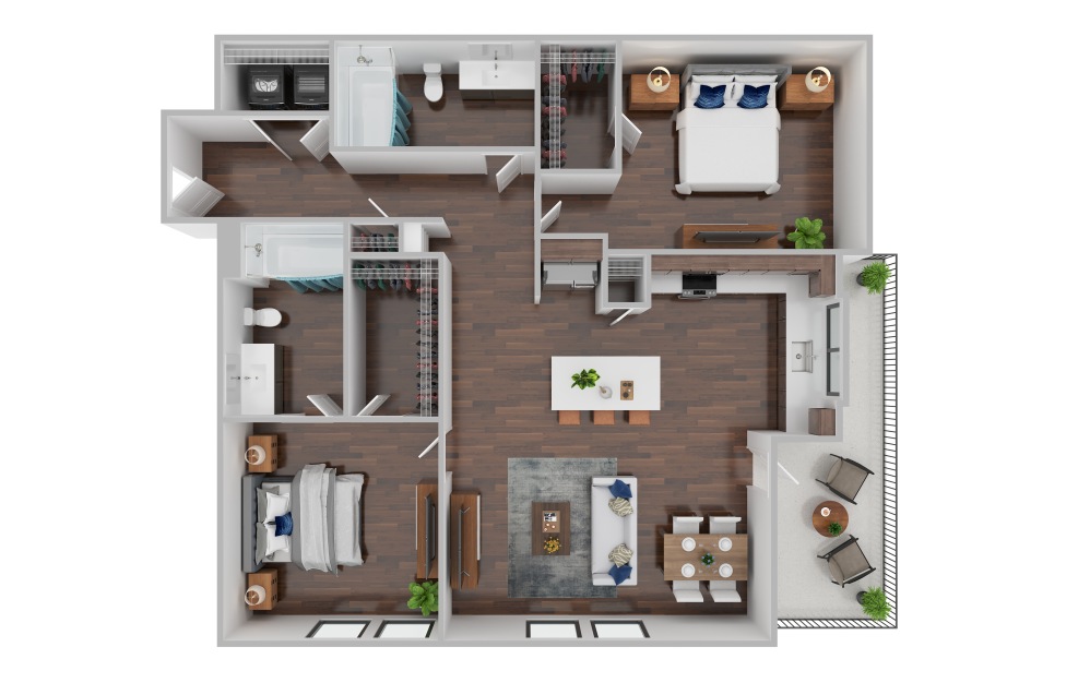 B2B - 2 bedroom floorplan layout with 2 bathrooms and 1019 square feet