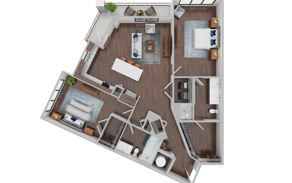B2C - 2 bedroom floorplan layout with 2 bathrooms and 1060 - 1127 square feet