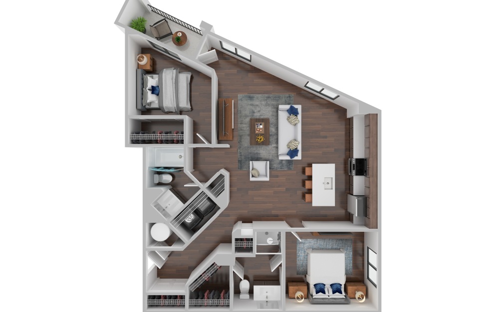 B2D - 2 bedroom floorplan layout with 2 bathrooms and 1094 square feet (2D)