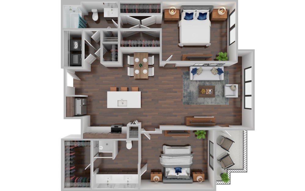 B2E - 2 bedroom floorplan layout with 2 bathrooms and 1101 - 1146 square feet
