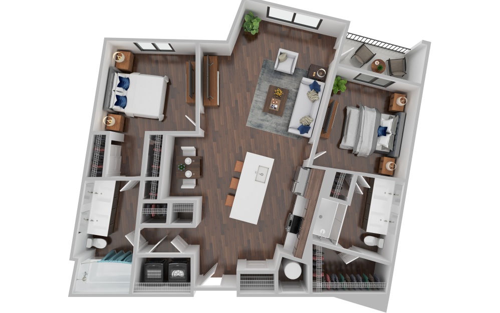 B2G - 2 bedroom floorplan layout with 2 bathrooms and 1234 - 1280 square feet