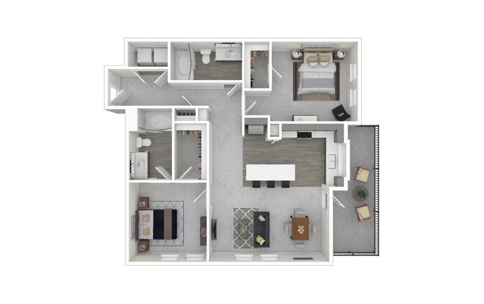B1 - 2 bedroom floorplan layout with 2 baths and 1019 square feet.
