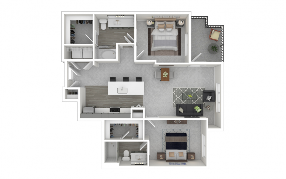 B3 - 2 bedroom floorplan layout with 2 baths and 991 to 1047 square feet.